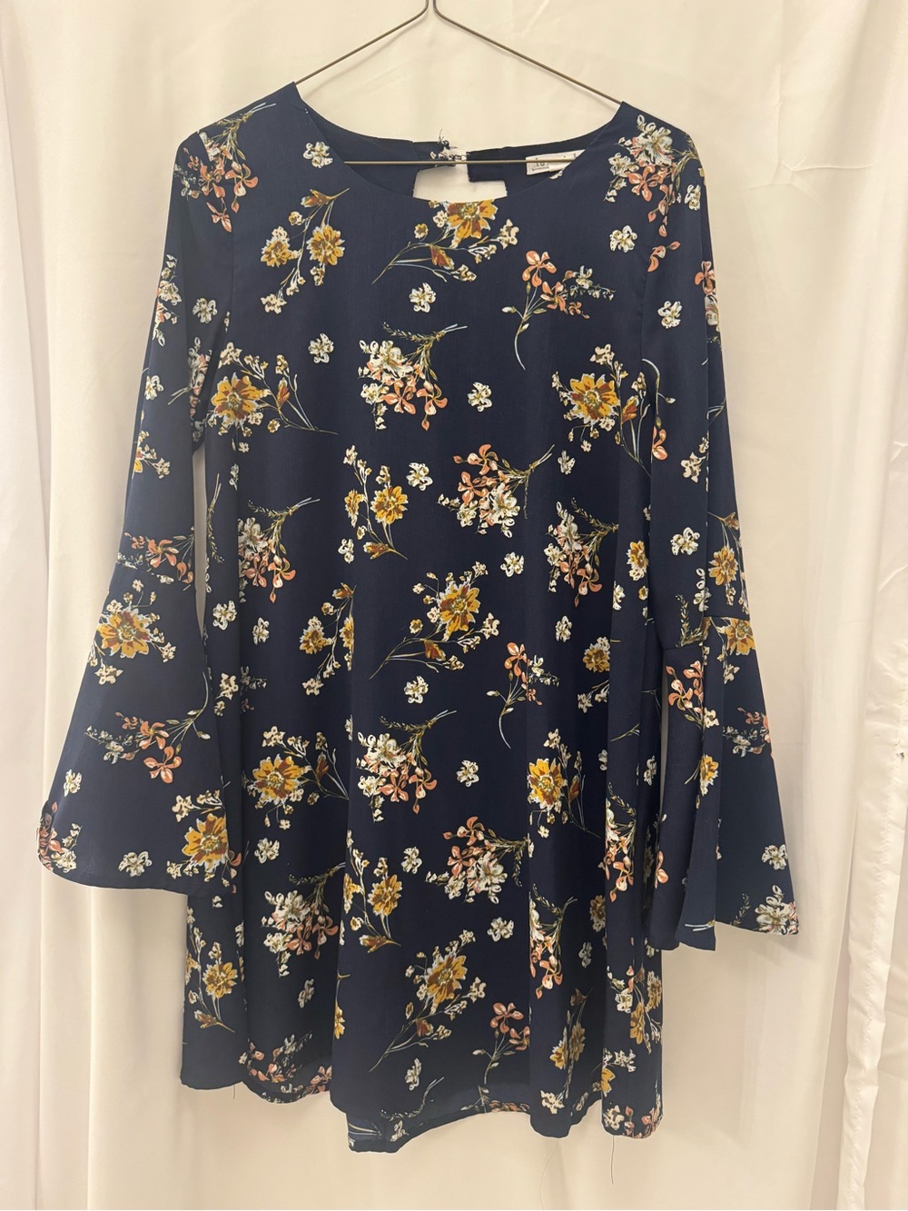 Love Riche Navy Floral Bell-Sleeve Shift Dress